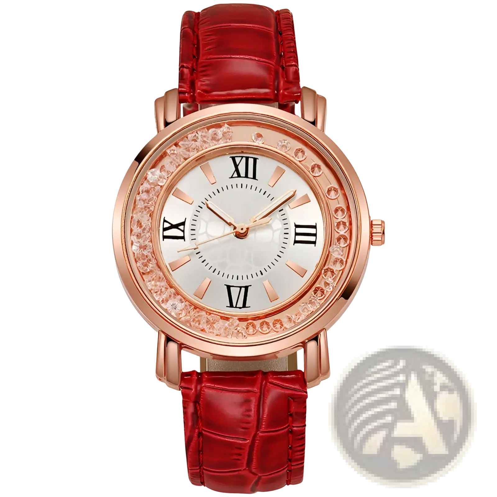 Rose gold quicksand crystal watch with clear crystals, roman numeral markers, and red crocodile-patterned leather strap