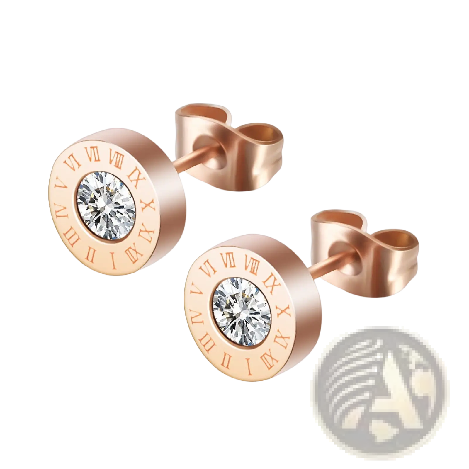 Rose gold roman numeral diamond stud earrings with a central clear gemstone and engraved roman numerals