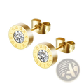Rose gold roman numeral stud earrings with a clear central diamond gemstone and engraved numeral detailing