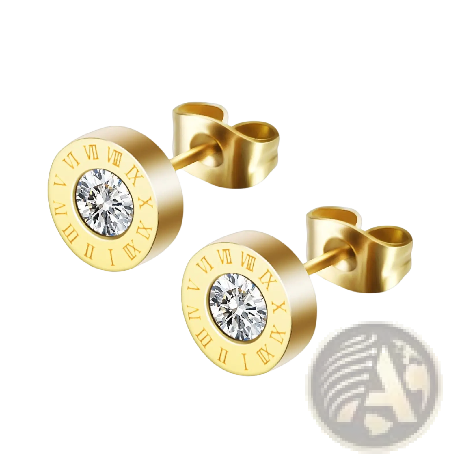 Rose gold roman numeral stud earrings with a clear central diamond gemstone and engraved numeral detailing