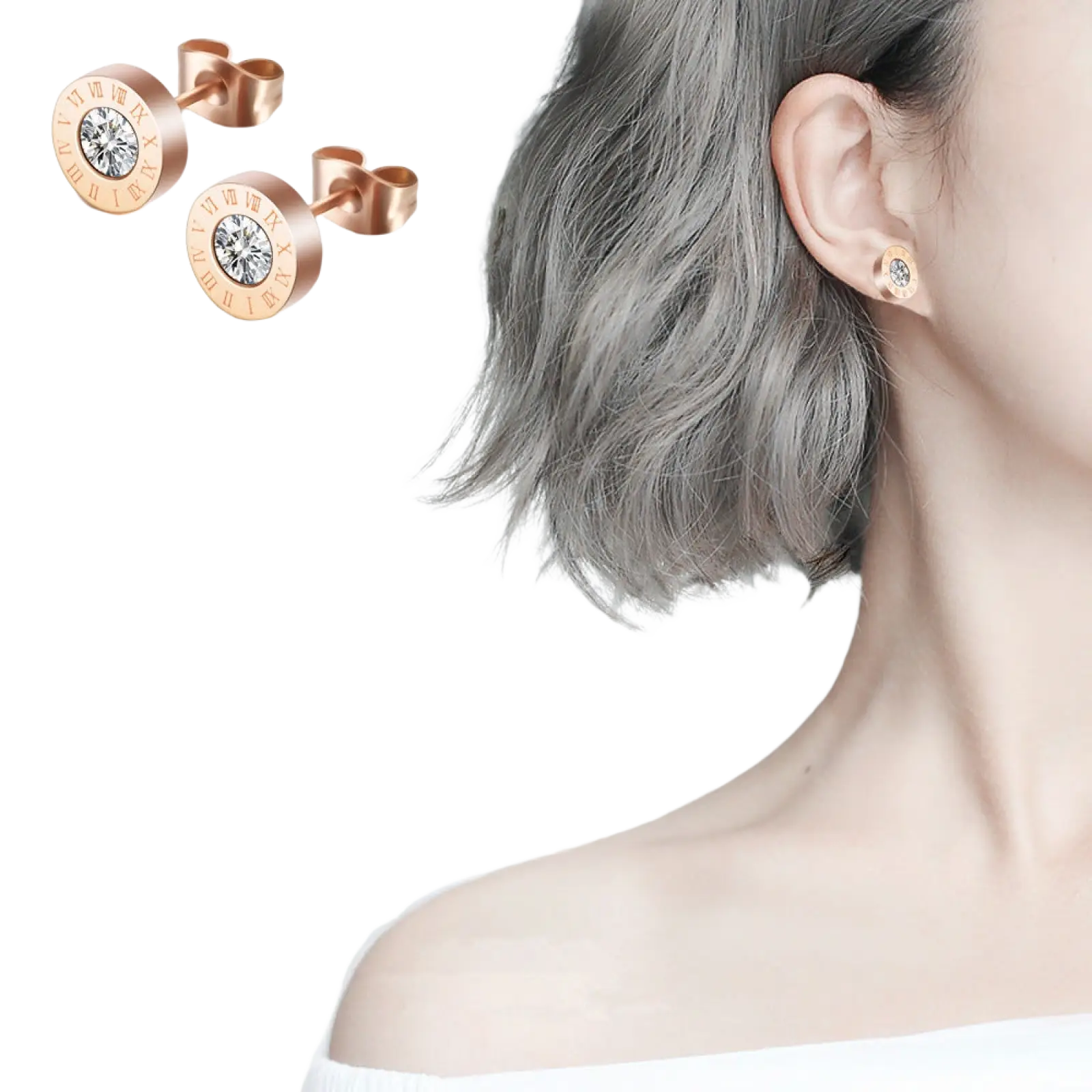 Rose gold roman numeral diamond stud earrings with a central clear gemstone on a circular face