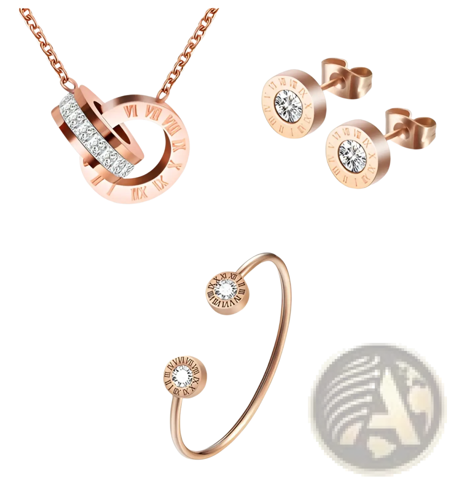 Rose gold roman numeral diamond stud earring set with necklace and open bangle featuring interlocking circles