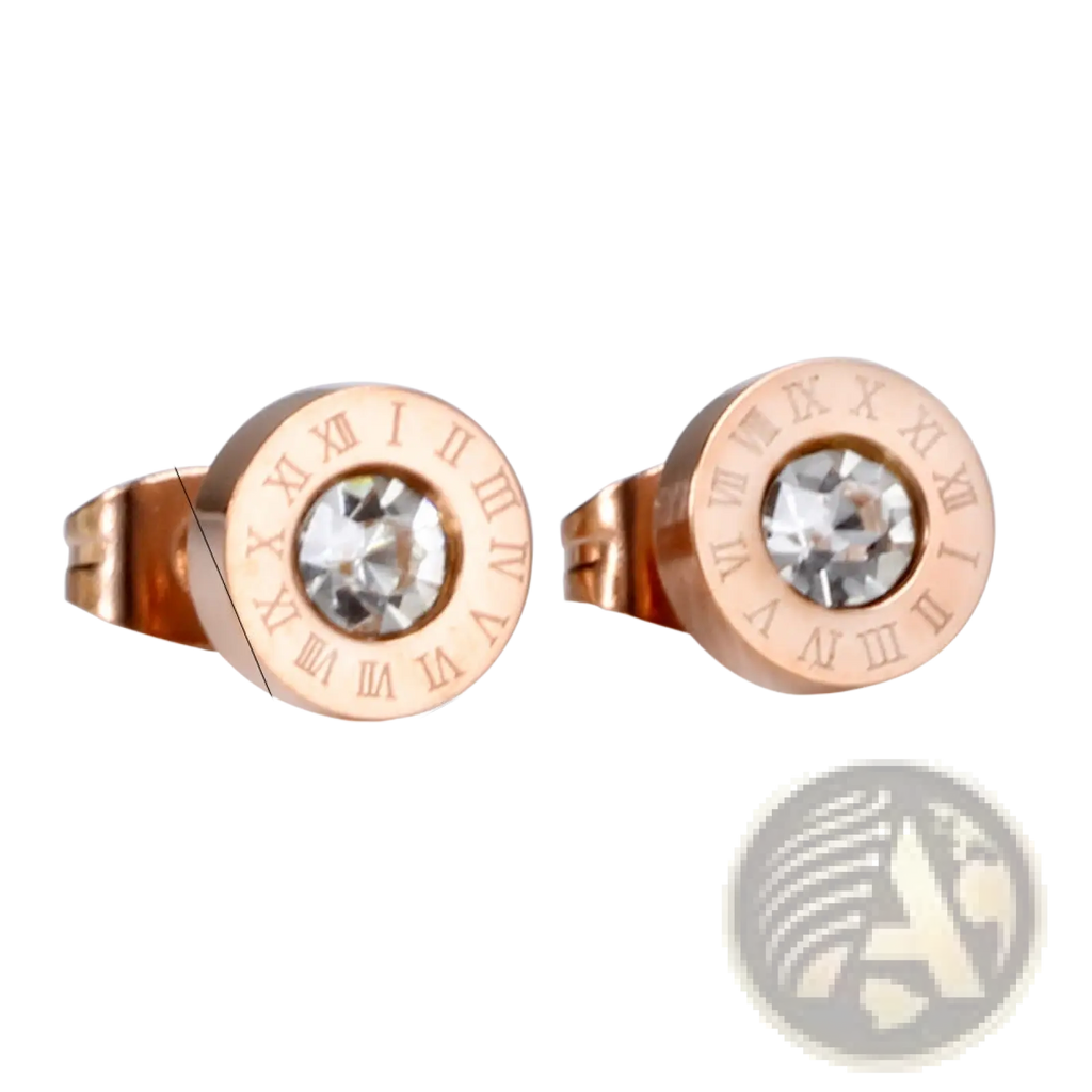 Rose gold roman numeral diamond stud earrings with central clear crystal and engraved roman numerals on circular studs