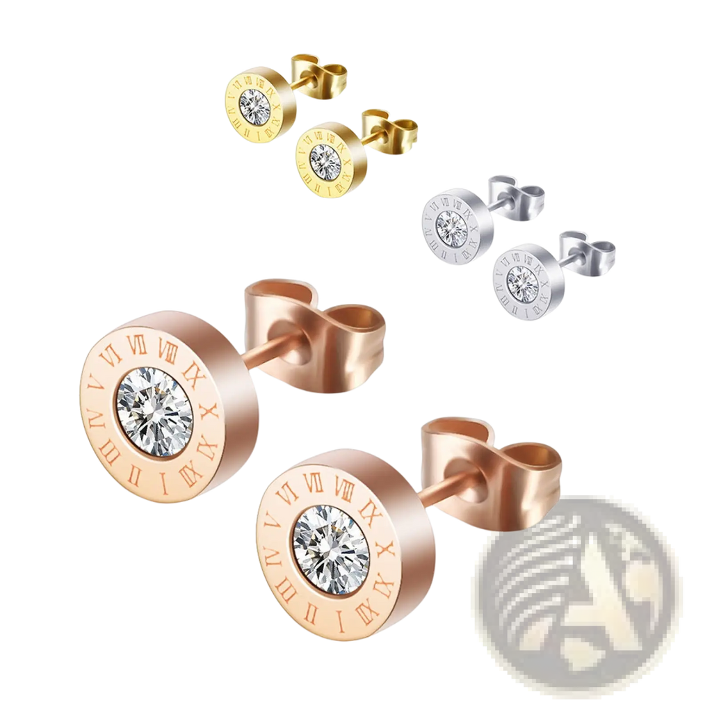 Rose gold round stud earrings with a central clear diamond encircled by engraved roman numerals