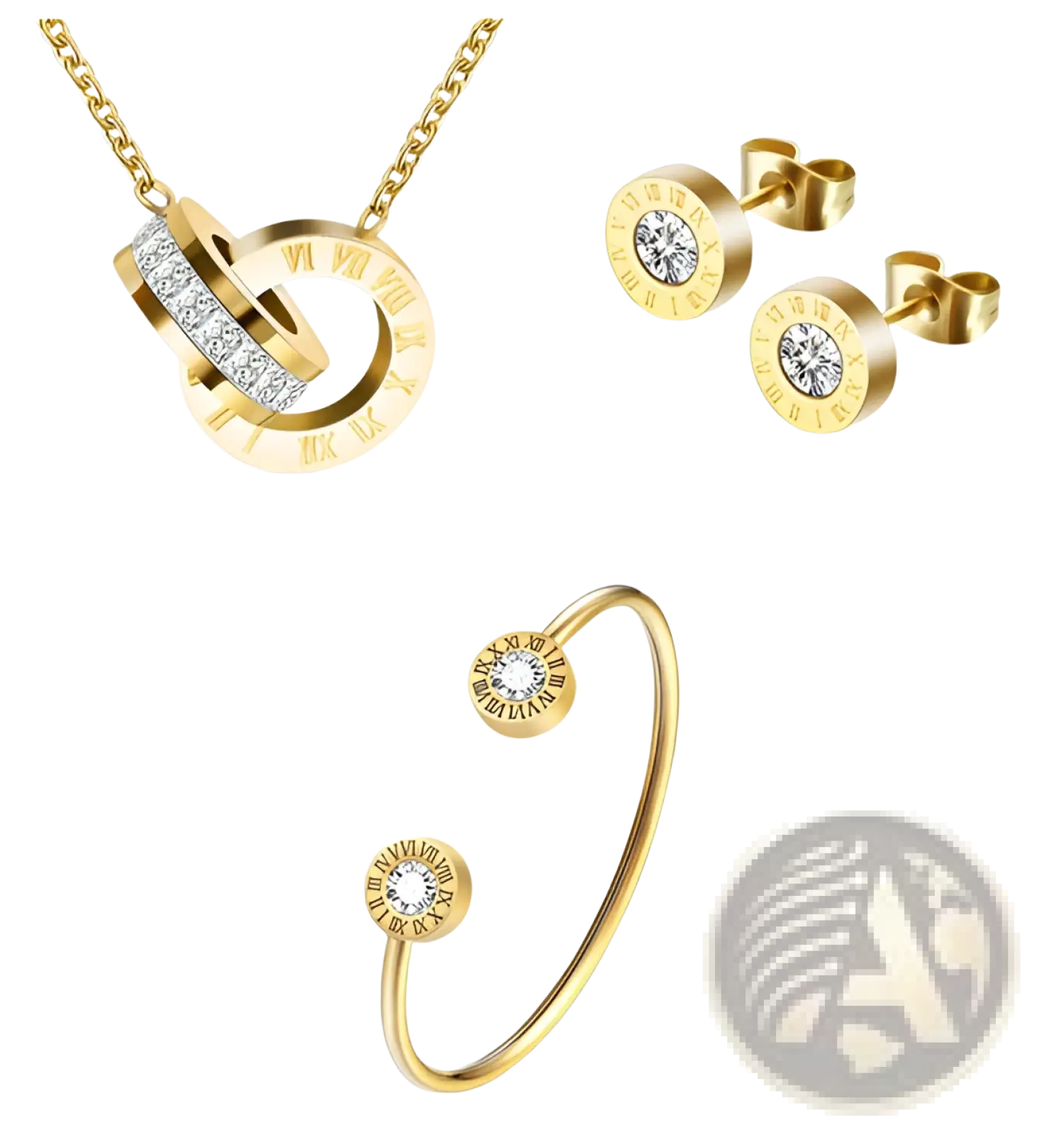 Rose gold roman numeral diamond stud earring set with necklace and open cuff bracelet featuring diamond accents