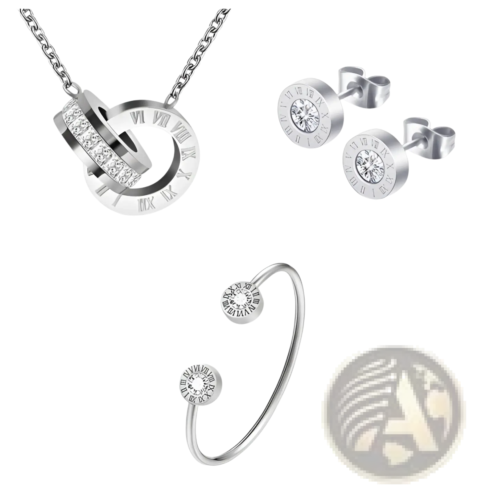 Silver-toned roman numeral necklace and diamond stud earrings set featuring interlocking rings and encrusted bands