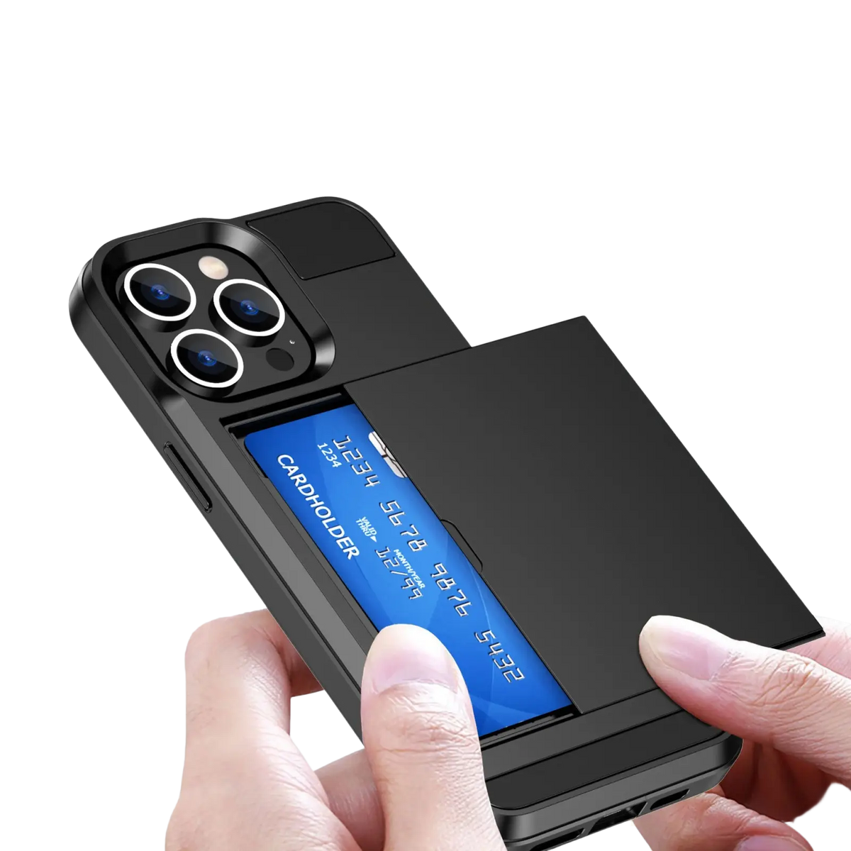 Black rose gold slide card iphone 14 max case back with integrated card slot and protective camera cutout