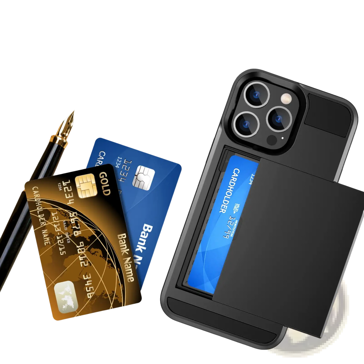 Black protective phone case with integrated card slot shown from back for rose gold slide card iPhone 14 Max case