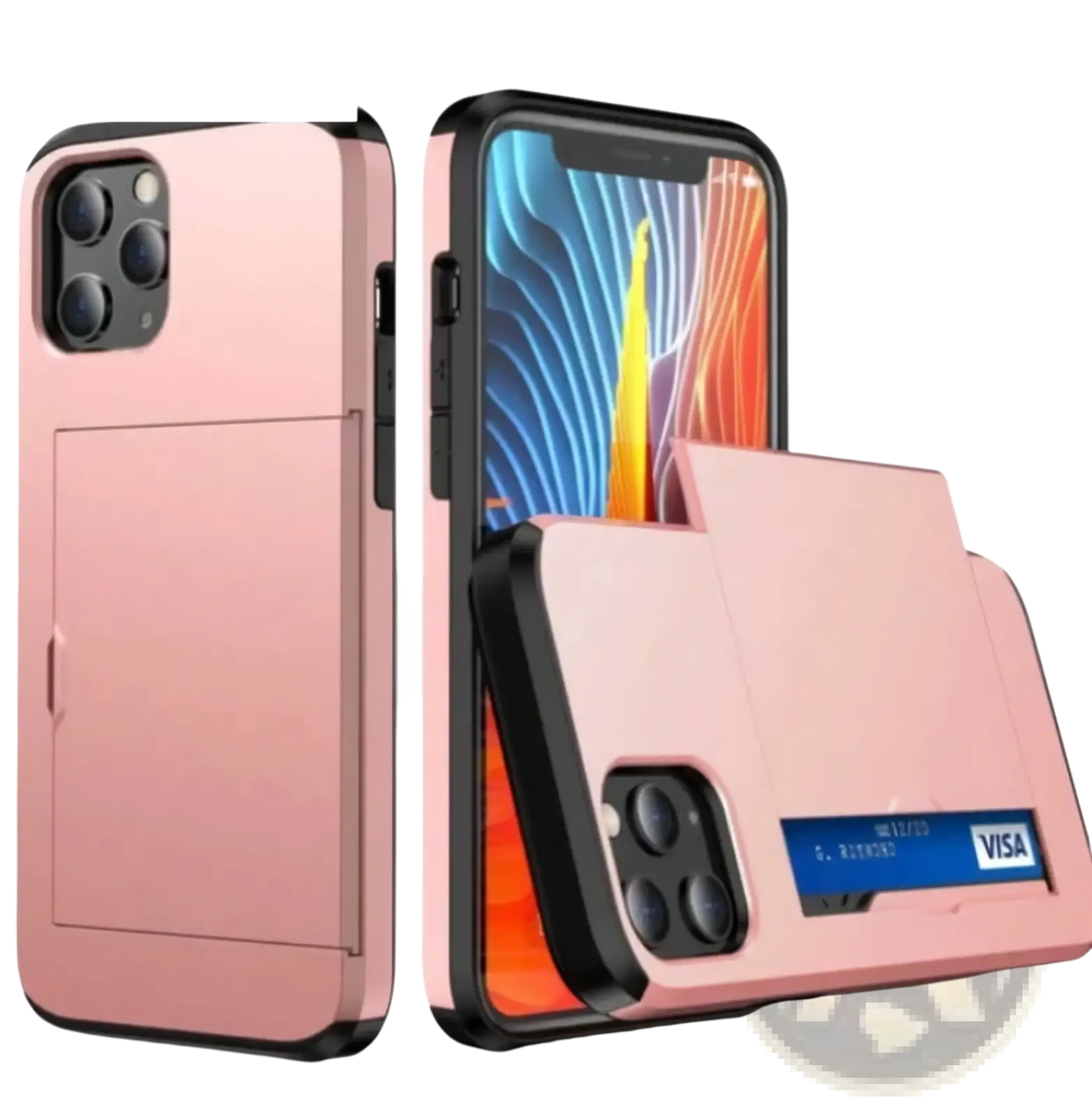 Rose gold slide card iPhone 14 Max case with black trim and built-in card slot holding a Visa credit card back view
