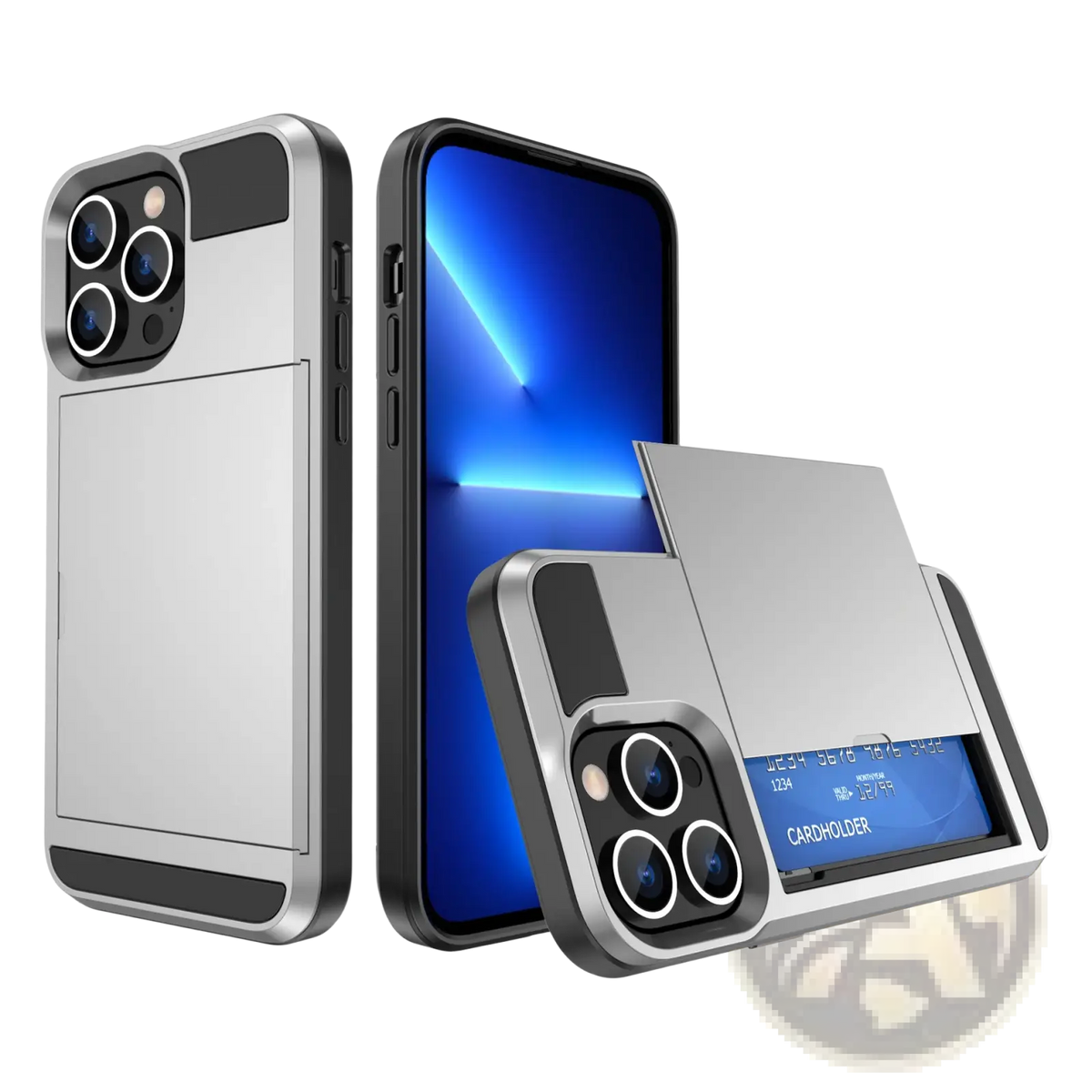 Silver metallic iphone 14 max case with integrated cardholder and camera cutout shown from the back side