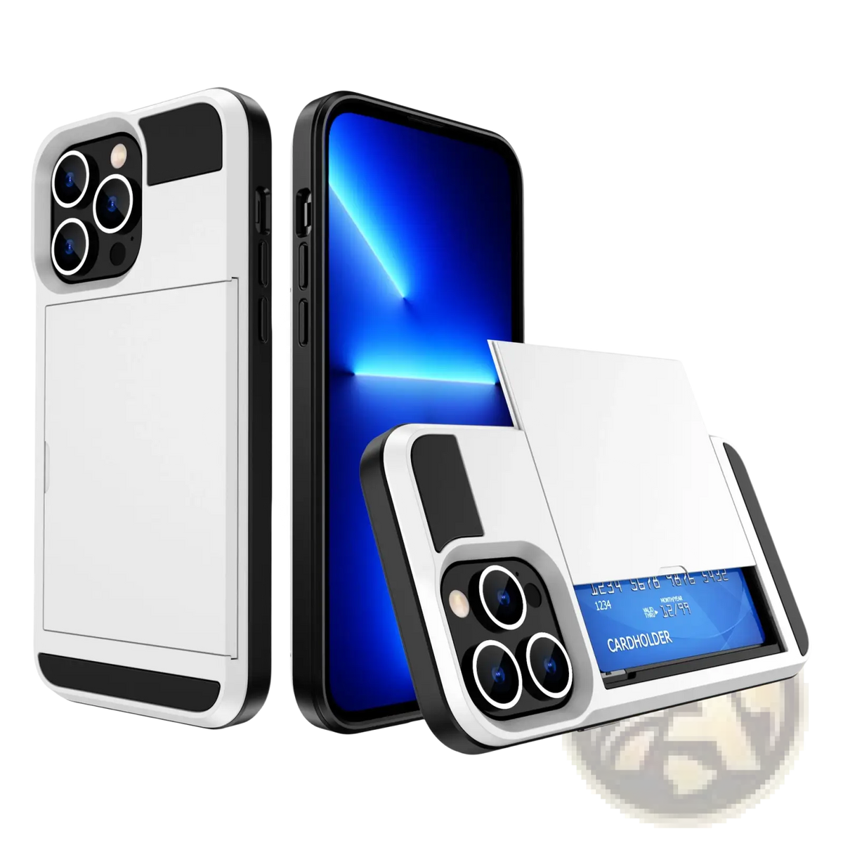 Back view of white and black rose gold slide card iPhone 14 Max case featuring a cardholder for convenient use