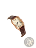 Rose gold square leather watch with cream face roman numerals and dark brown crocodile-patterned strap