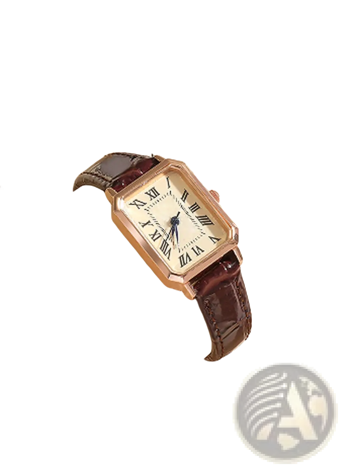Rose gold square leather watch with cream face roman numerals and dark brown crocodile-patterned strap