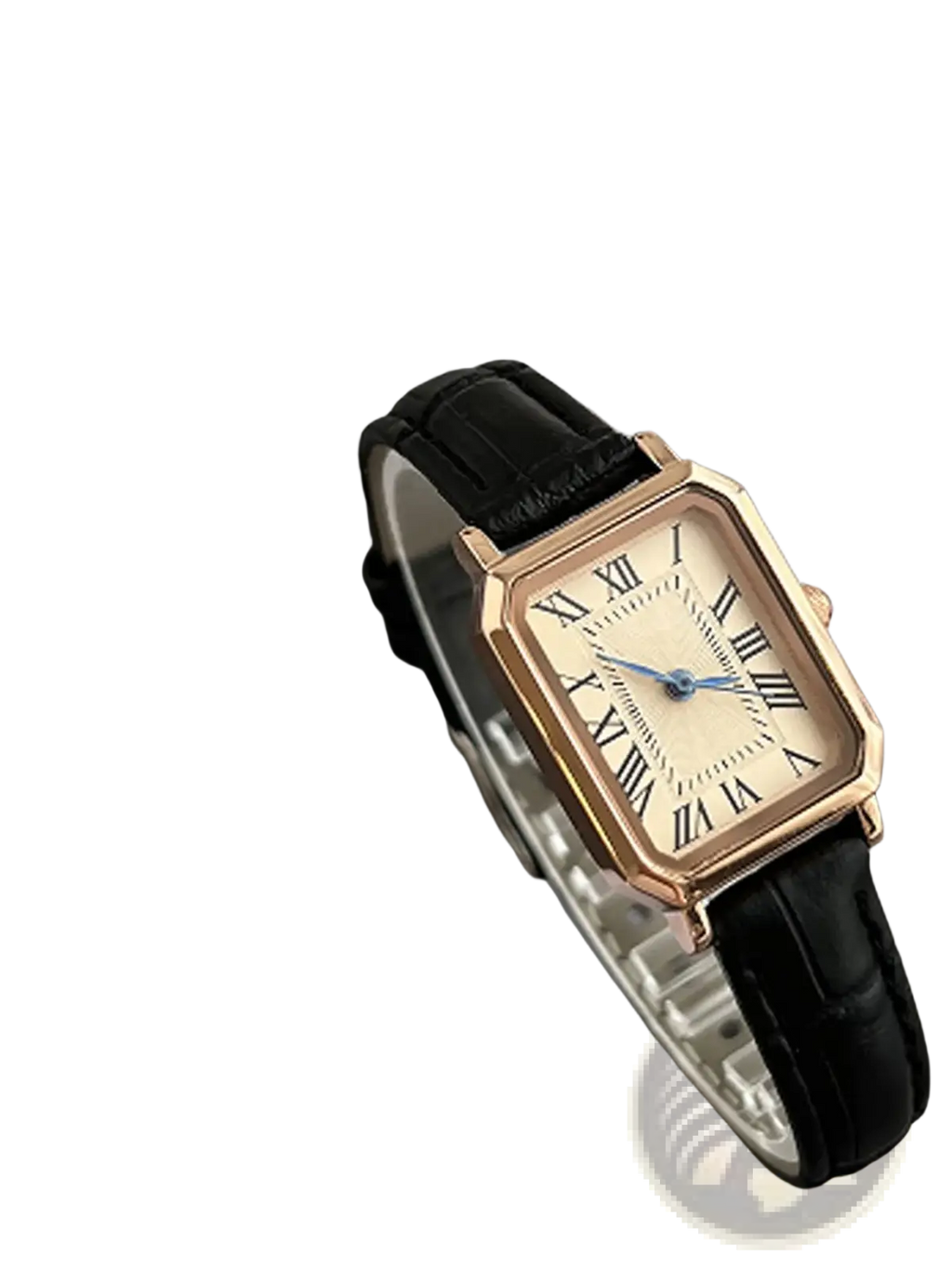 A rose gold square leather watch with a cream face, roman numeral markings, and a black leather strap