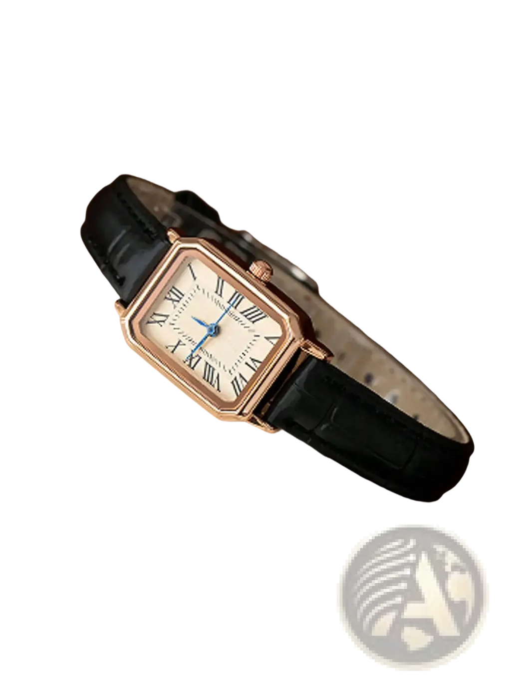 Rose gold square leather watch with cream face roman numerals and black leather strap