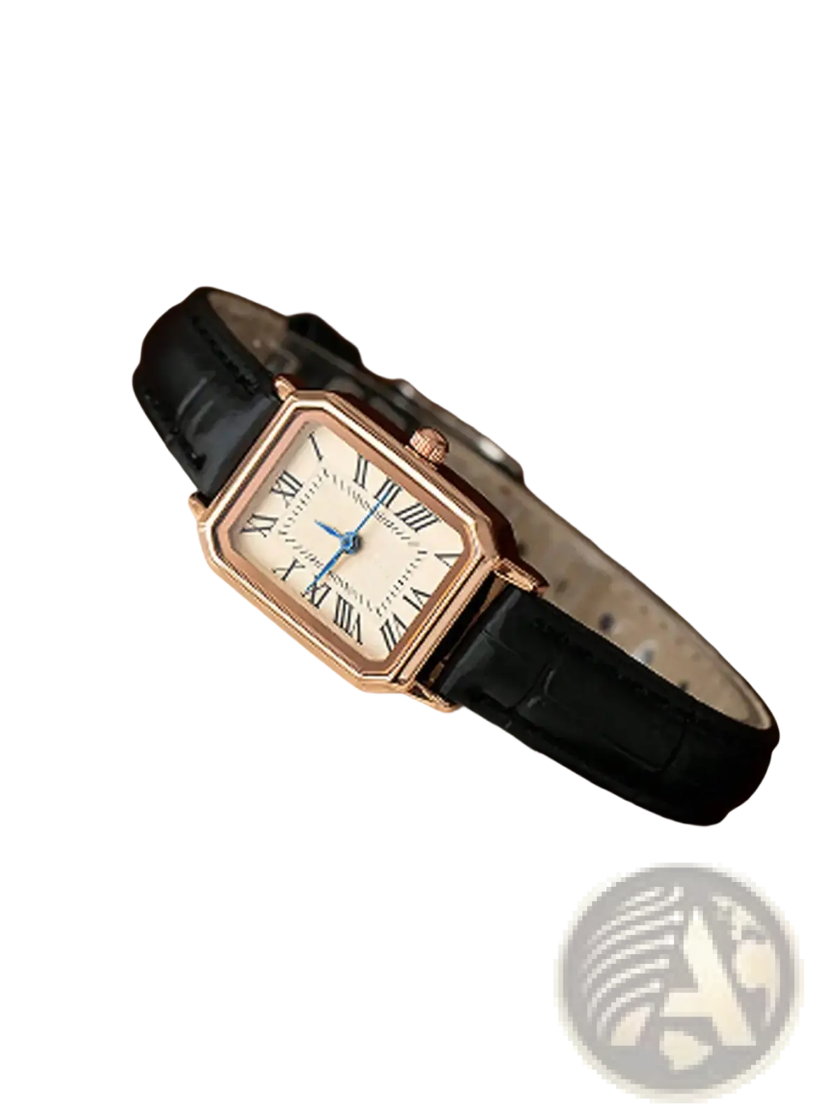 Rose gold square leather watch with cream face roman numerals and black leather strap