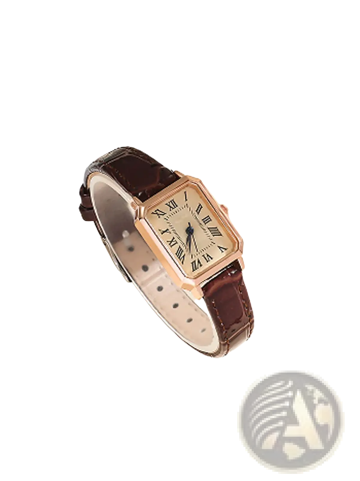 Rose gold square leather watch with a cream face, roman numerals, and a dark brown leather strap