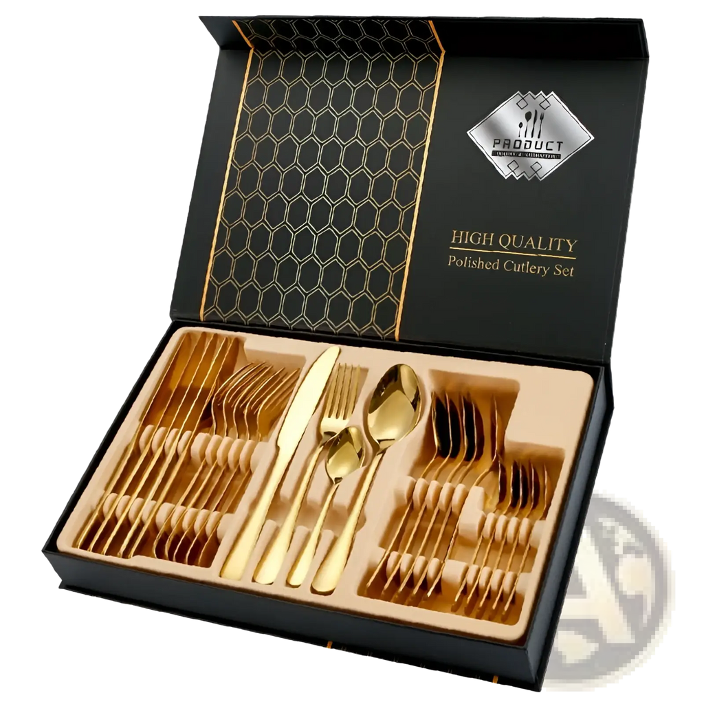 Rose gold stainless steel cutlery set 24 pieces polished gold finish in black gift box with honeycomb lining