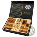 Rose gold stainless steel cutlery set 24 pieces polished gold finish in black gift box with honeycomb lining