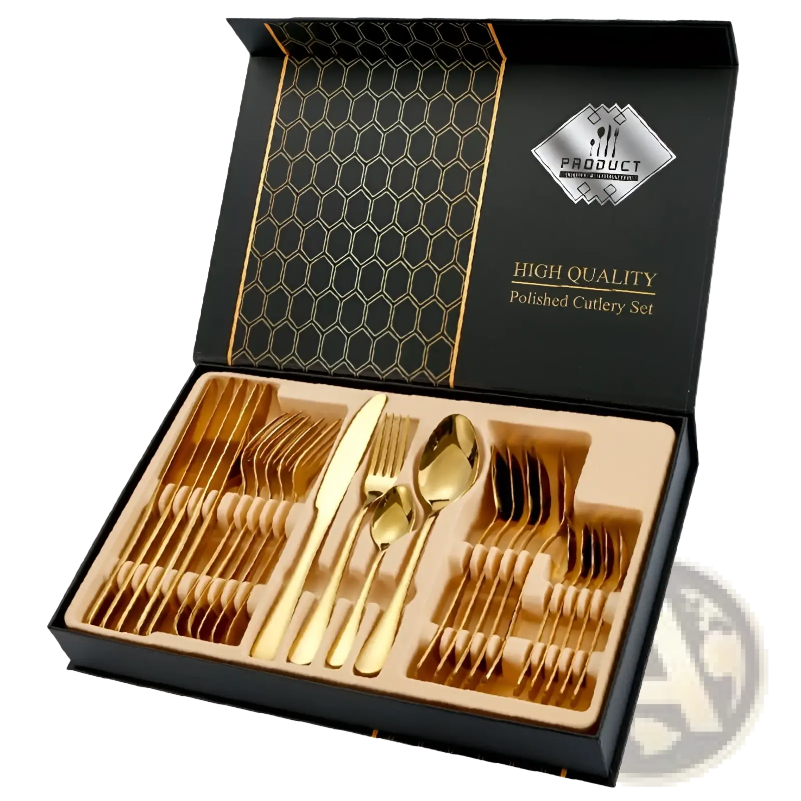 Rose gold stainless steel cutlery set 24 pieces polished gold finish in black gift box with honeycomb lining