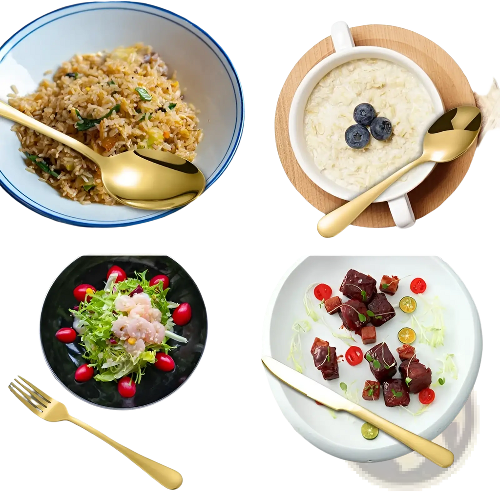 Rose gold stainless steel spoon with smooth reflective surface and rounded handle from 24 piece cutlery set