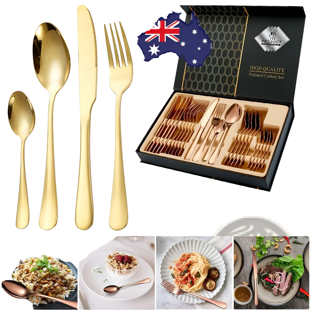 Rose gold stainless steel 24-piece cutlery set polished and presented in a black gift box