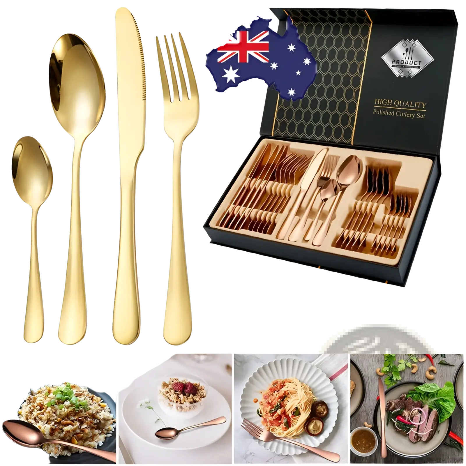 Rose gold stainless steel 24-piece cutlery set polished and presented in a black gift box
