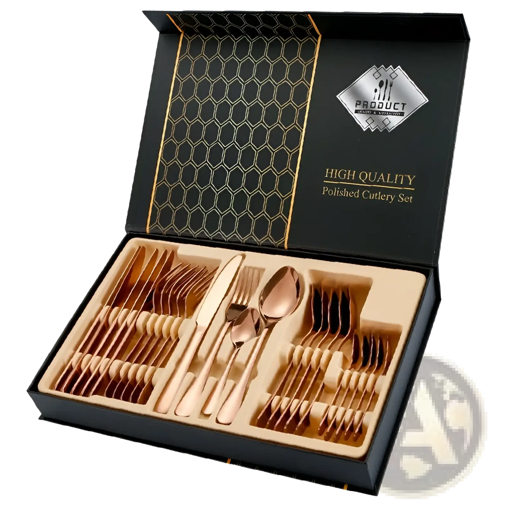 Rose gold stainless steel cutlery set 24 pieces polished in a black gift box with honeycomb pattern interior