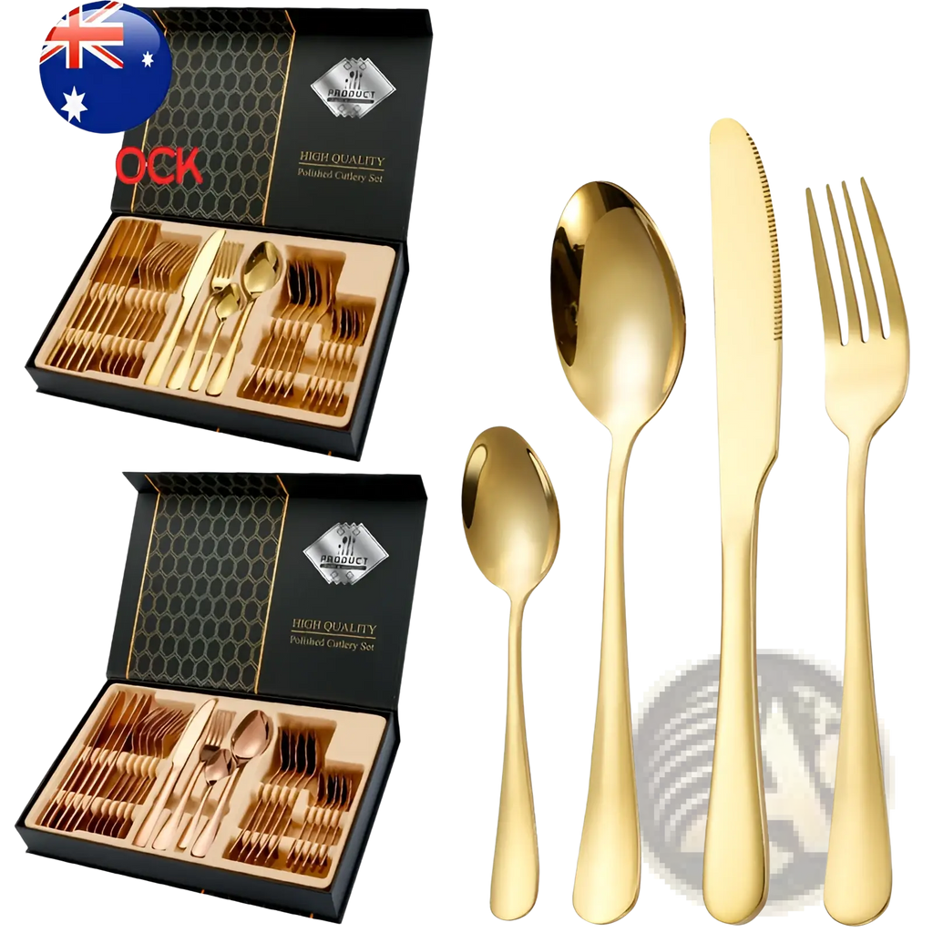 Rose gold stainless steel 24-piece polished cutlery set with gold finish in a black gift box