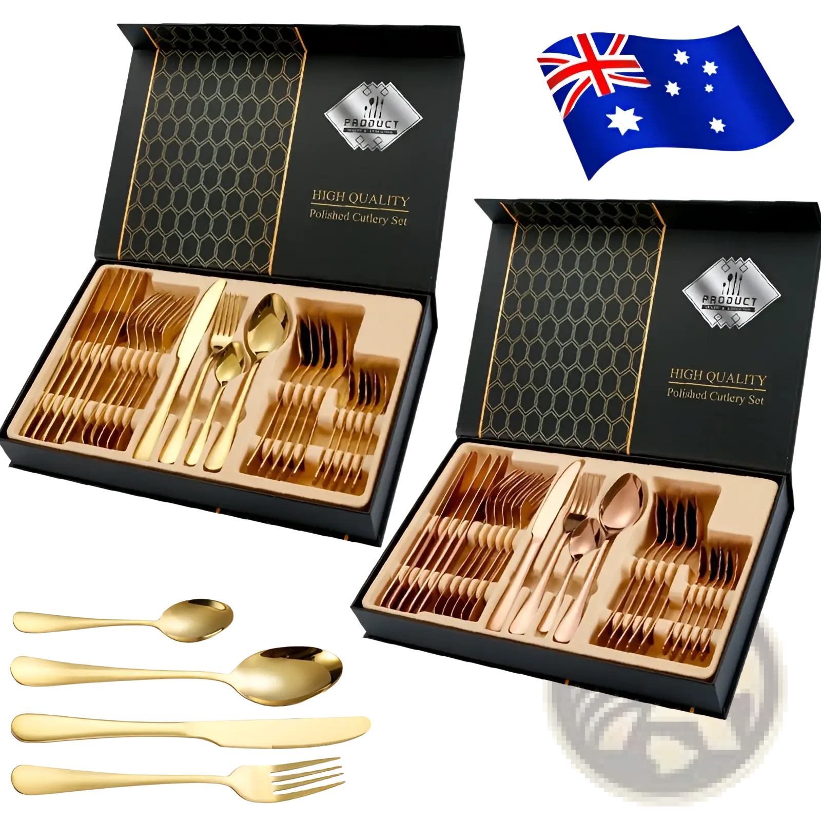 Rose gold stainless steel cutlery set 24 pieces with gold-finished utensils in elegant black gift boxes