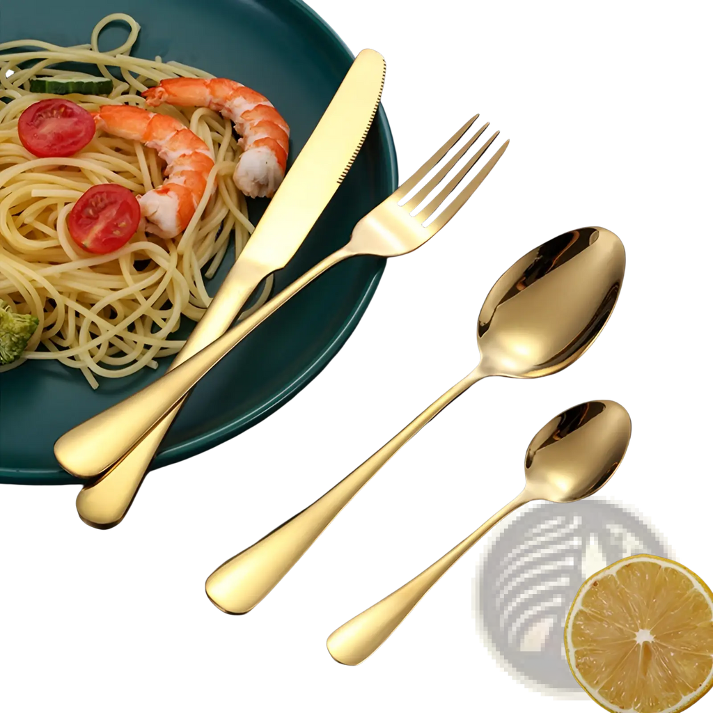Rose gold stainless steel cutlery set 24 pieces with sleek golden modern design for elegant dining