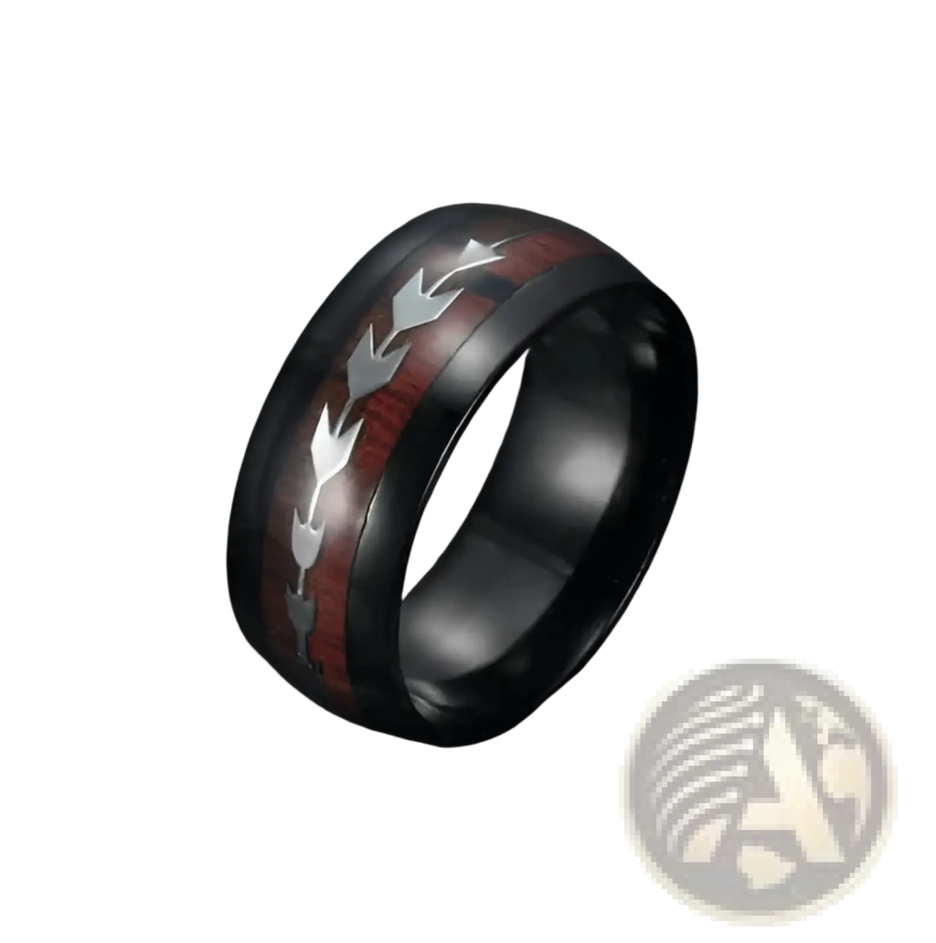 Black tungsten carbide ring with red wood inlay and silver arrow motifs inspired by rose gold arrow inlaid design