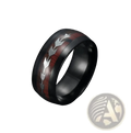 Black tungsten carbide ring with red wood inlay and silver arrow motifs inspired by rose gold arrow inlaid design