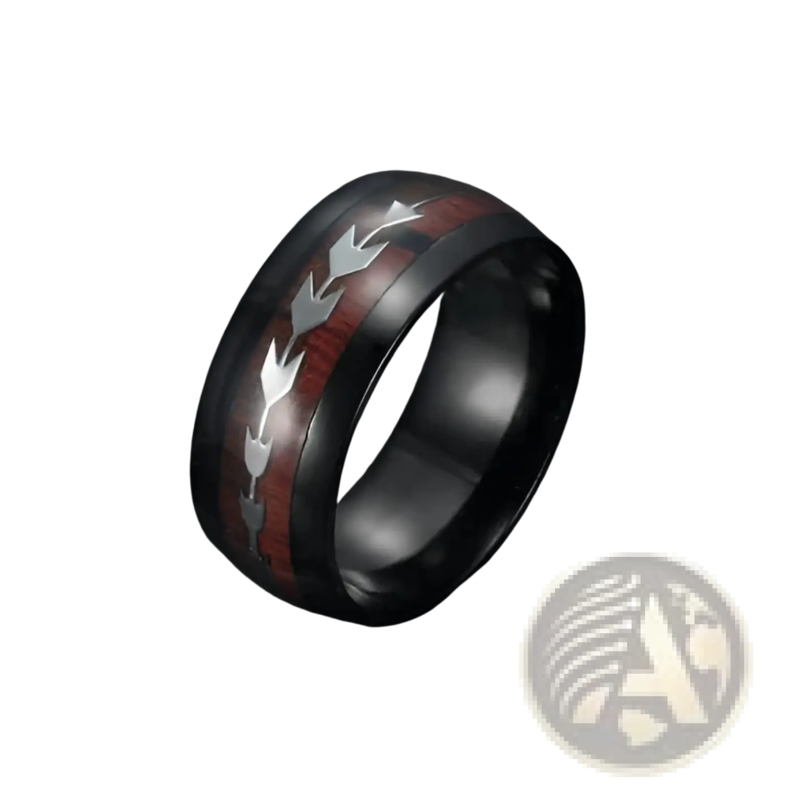 Black tungsten carbide ring with red wood inlay and silver arrow motifs inspired by rose gold arrow inlaid design