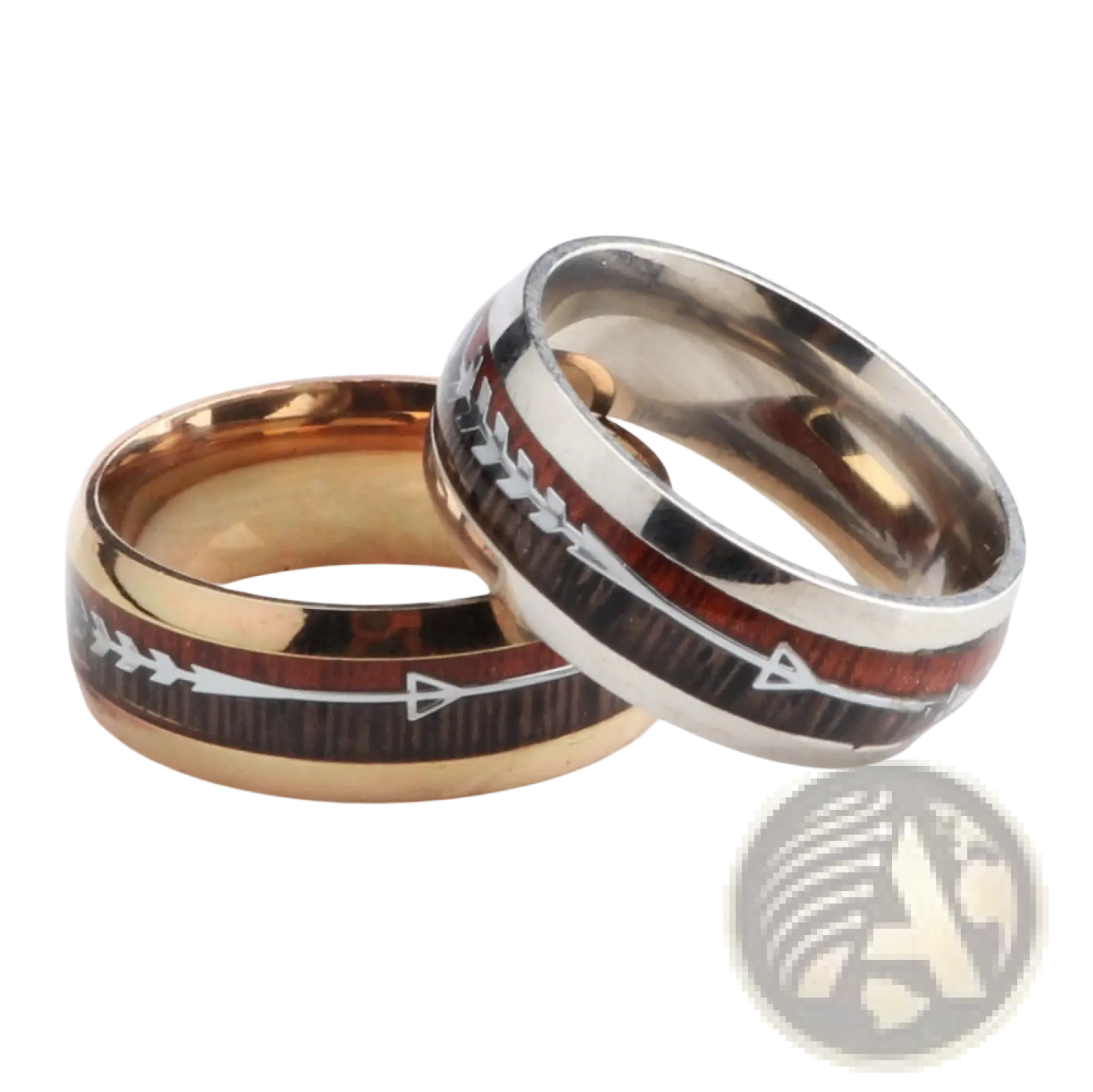 Two wedding bands one rose gold stainless steel and one silver-toned with dark wood grain arrow inlaid design