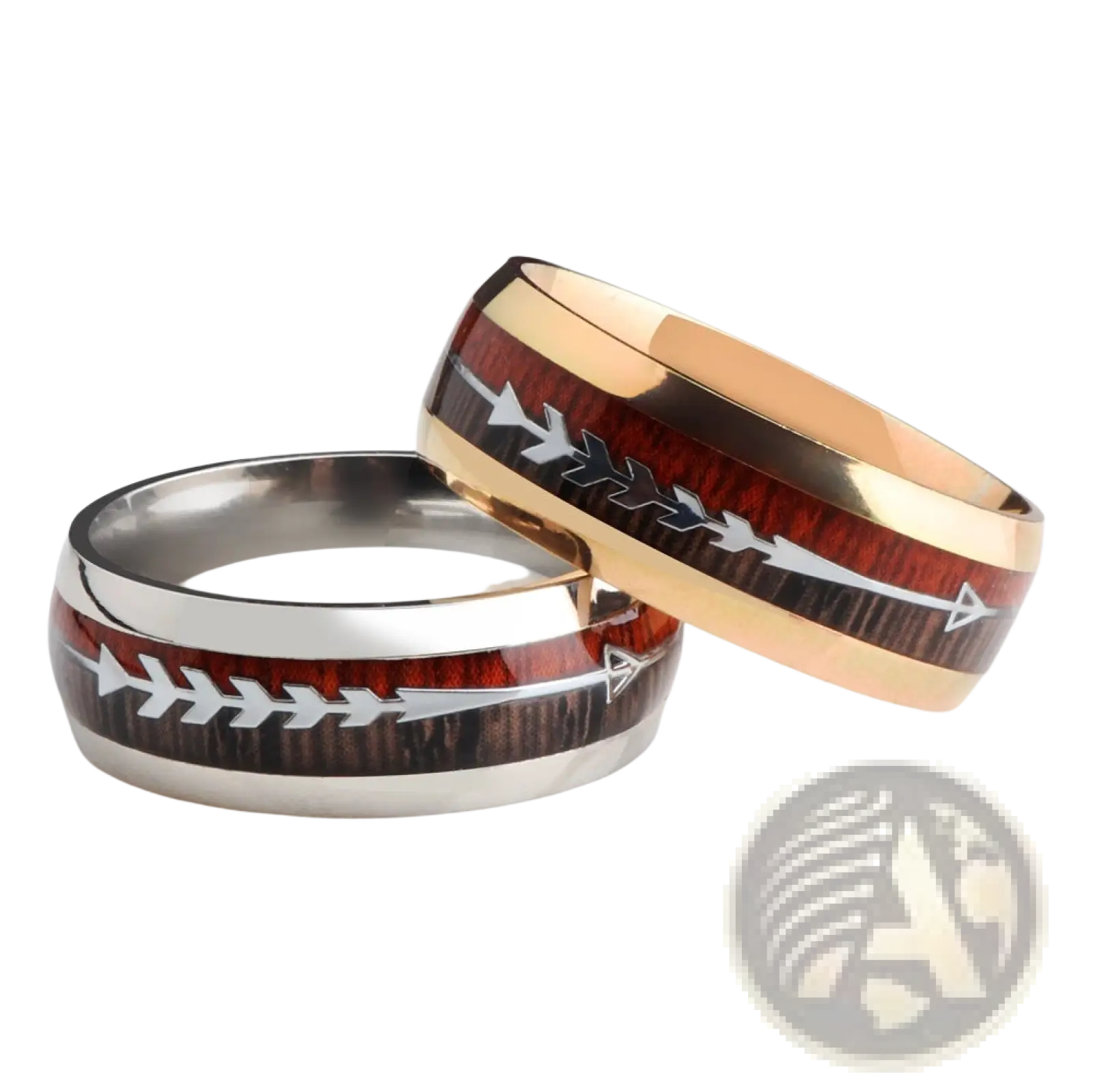Two stylish arrow-patterned wedding bands in rose gold and silver with red wood grain arrow inlay stainless steel rings