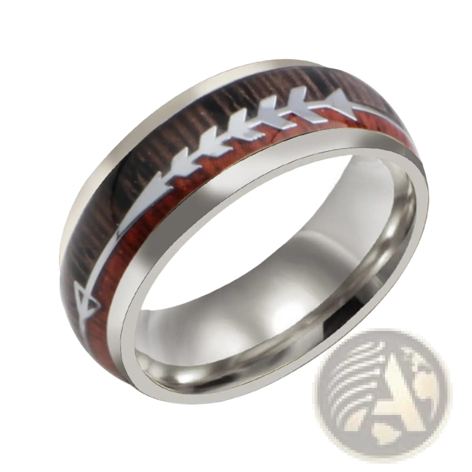 Silver-toned wedding band with dark wood inlay red accent stripe and engraved arrowhead rose gold stainless steel ring