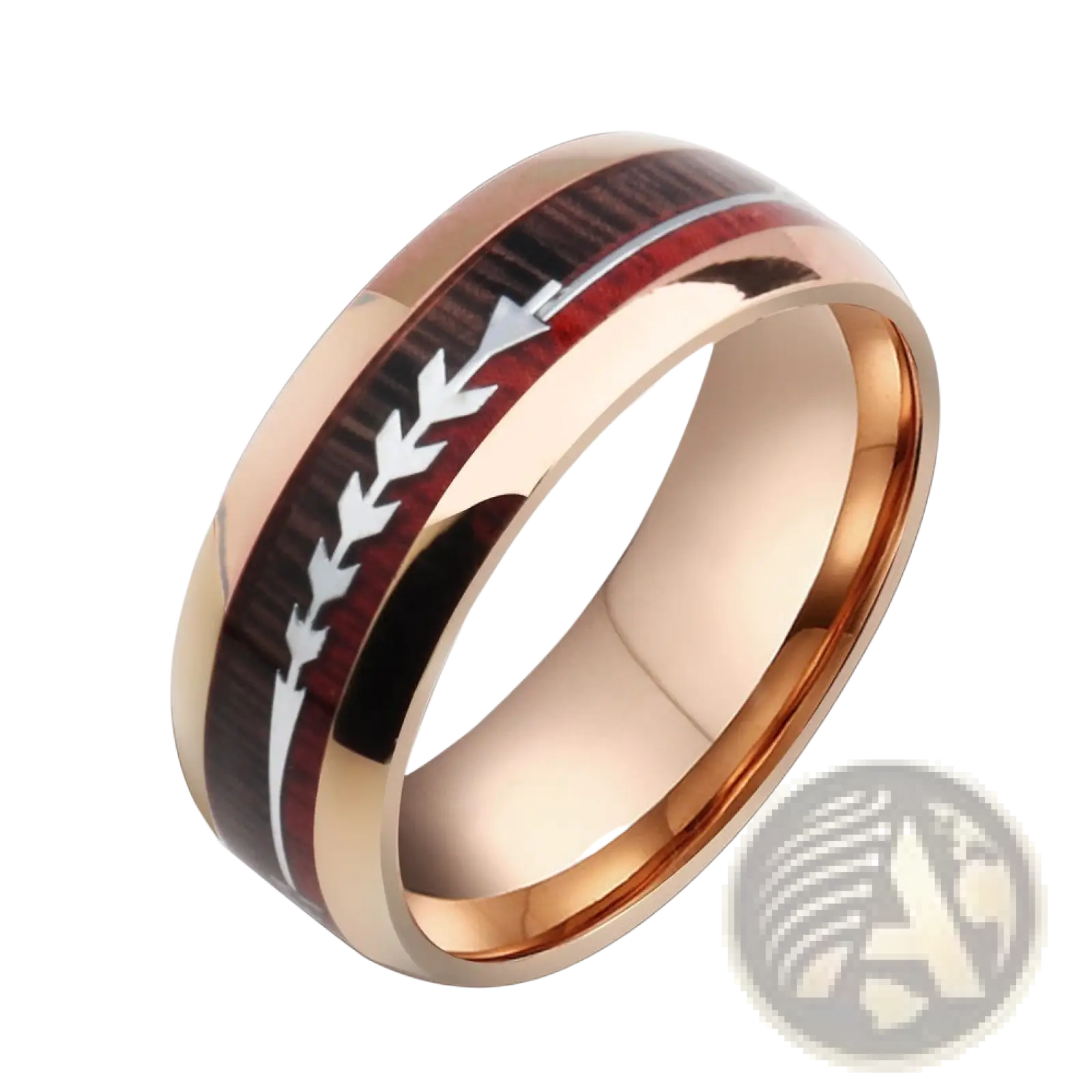 Rose gold stainless steel wedding band with dark wood and red resin inlay featuring engraved silver arrow design
