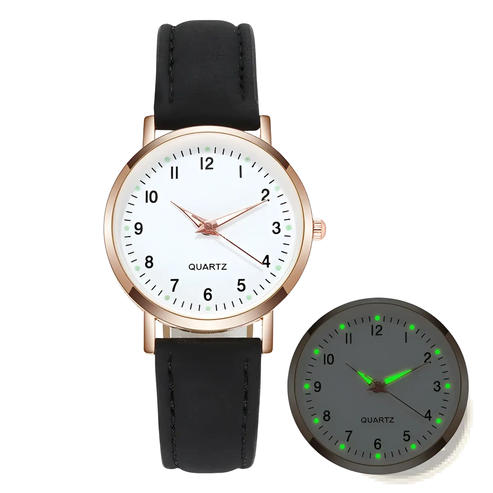 Rose gold women leather quartz watch with black leather strap white face and glowing green dial in low light