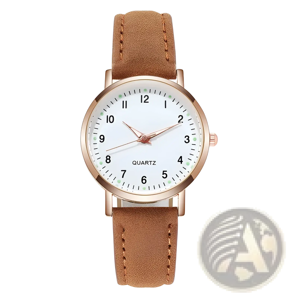 Rose gold women leather quartz watch with white dial black arabic numerals green hour dots and brown suede straps