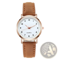 Rose gold women leather quartz watch with white dial black arabic numerals green hour dots and brown suede straps