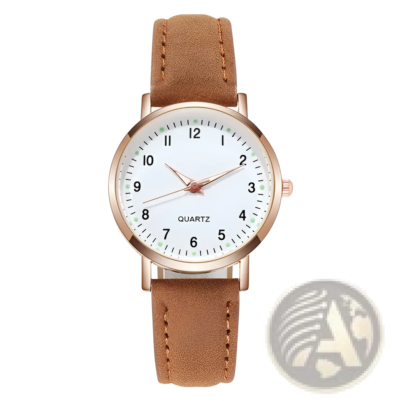 Rose gold women leather quartz watch with white dial black arabic numerals green hour dots and brown suede straps