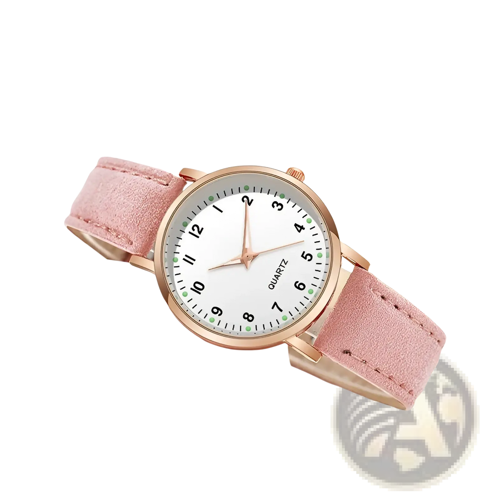Rose gold women leather quartz watch with a delicate rose gold-toned case, pink suede strap, and minimalist dial with green markers