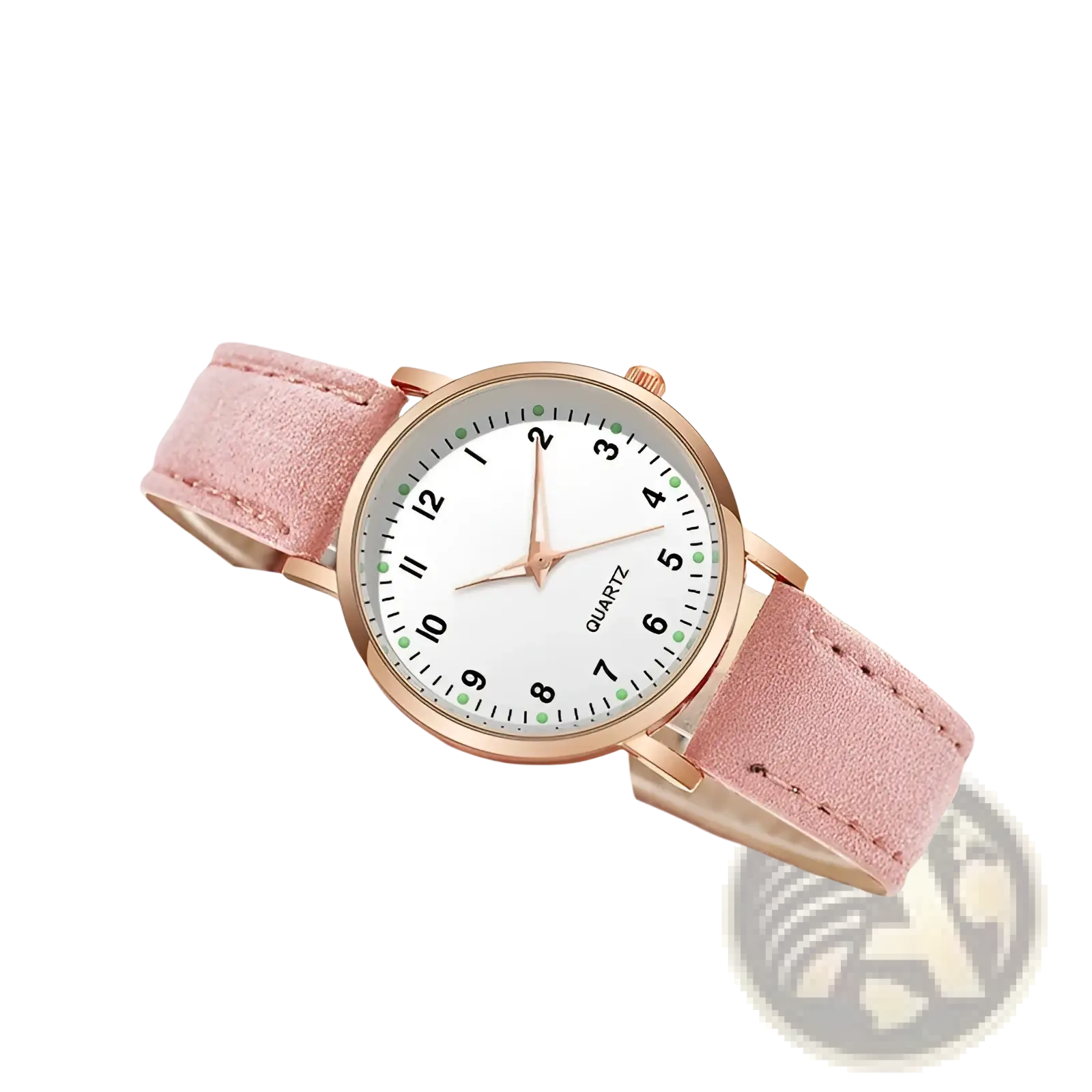 Rose gold women leather quartz watch with a delicate rose gold-toned case, pink suede strap, and minimalist dial with green markers
