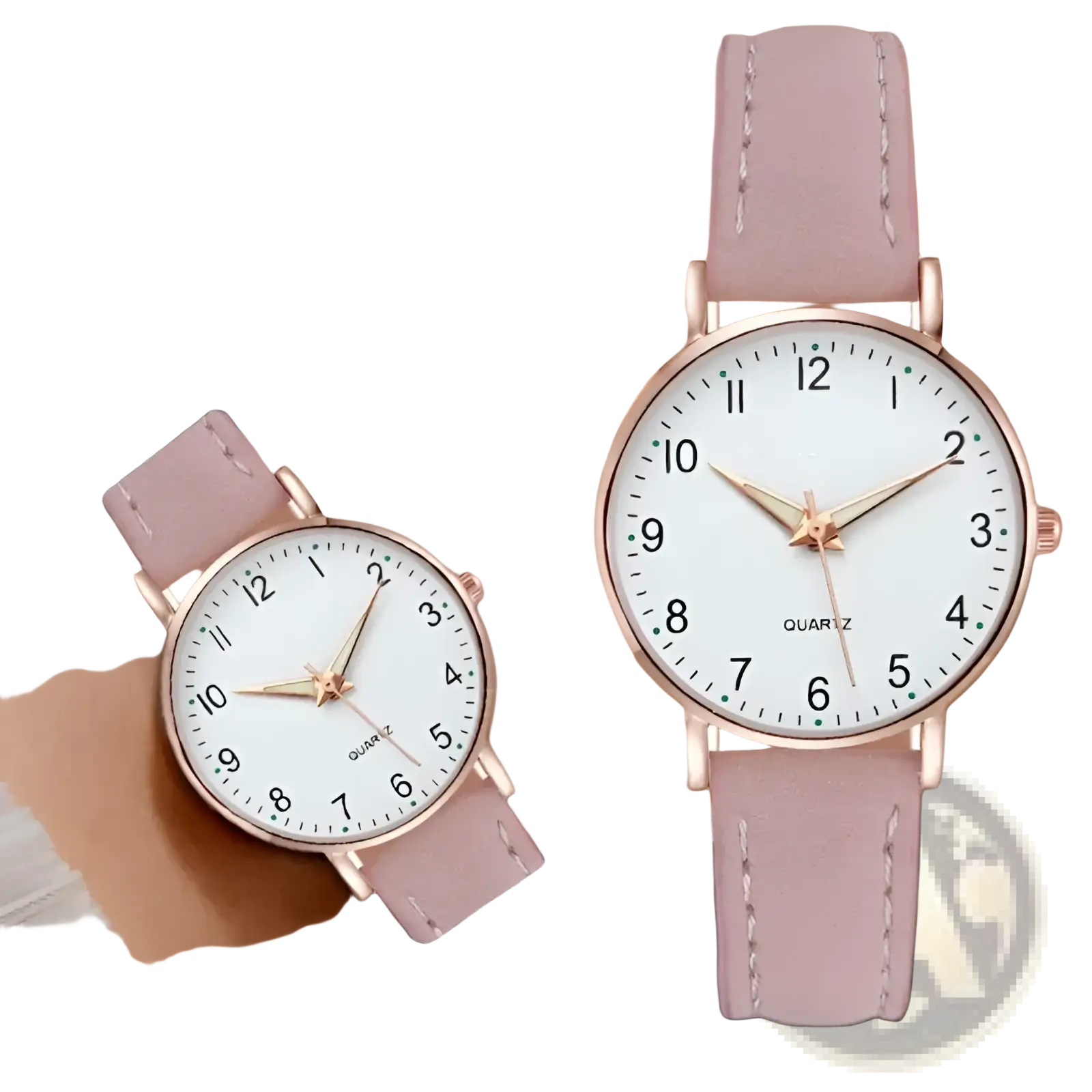 Rose gold women leather quartz watch with pink leather strap white face and rose gold tone case