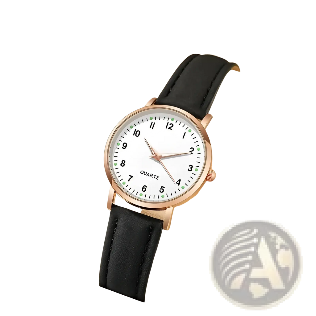 A rose gold women leather quartz watch with a white dial, black leather strap, and green hour markers
