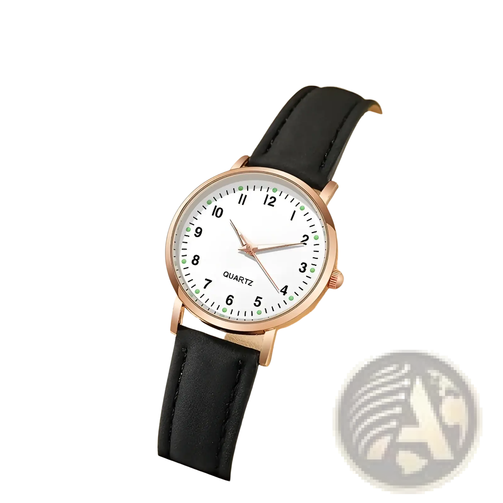 A rose gold women leather quartz watch with a white dial, black leather strap, and green hour markers