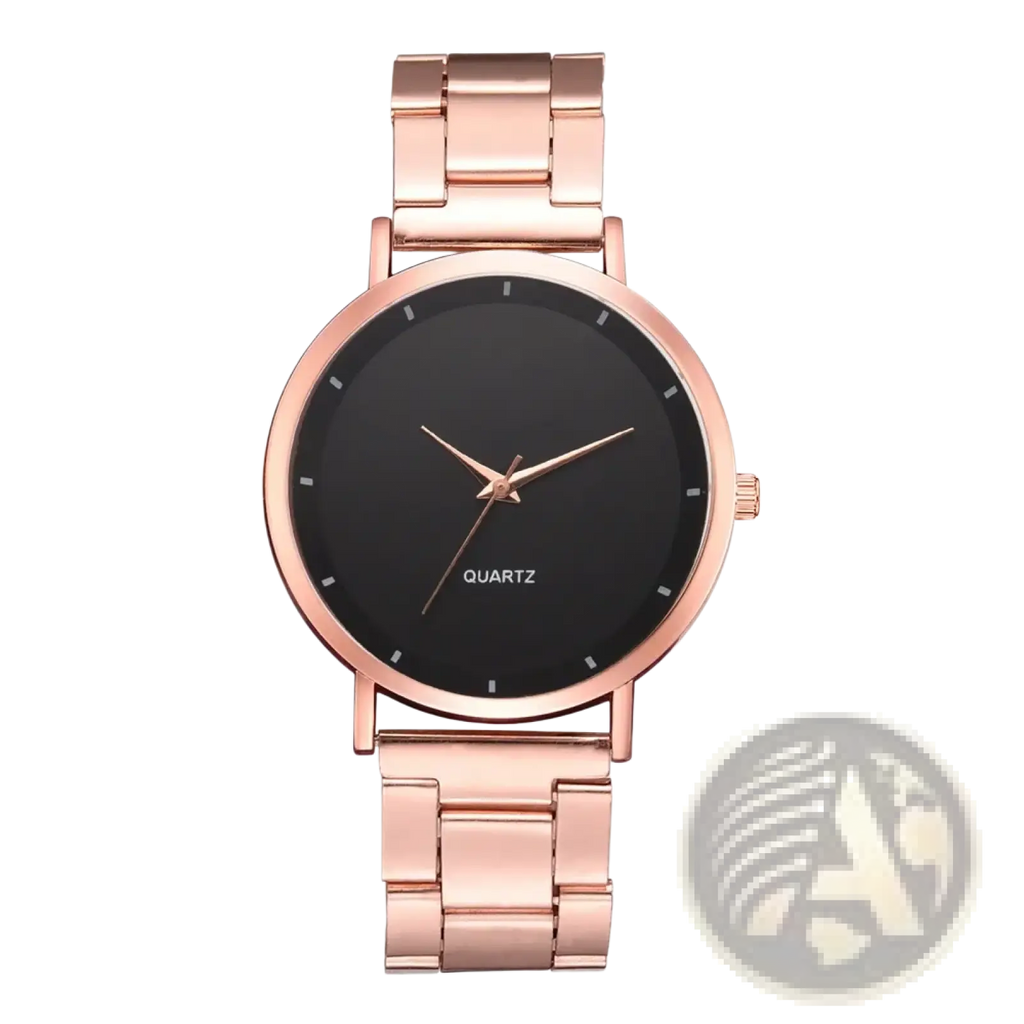 Rose gold women luxury watch quartz business wristwatch with stainless steel case black dial and minimalist white markers