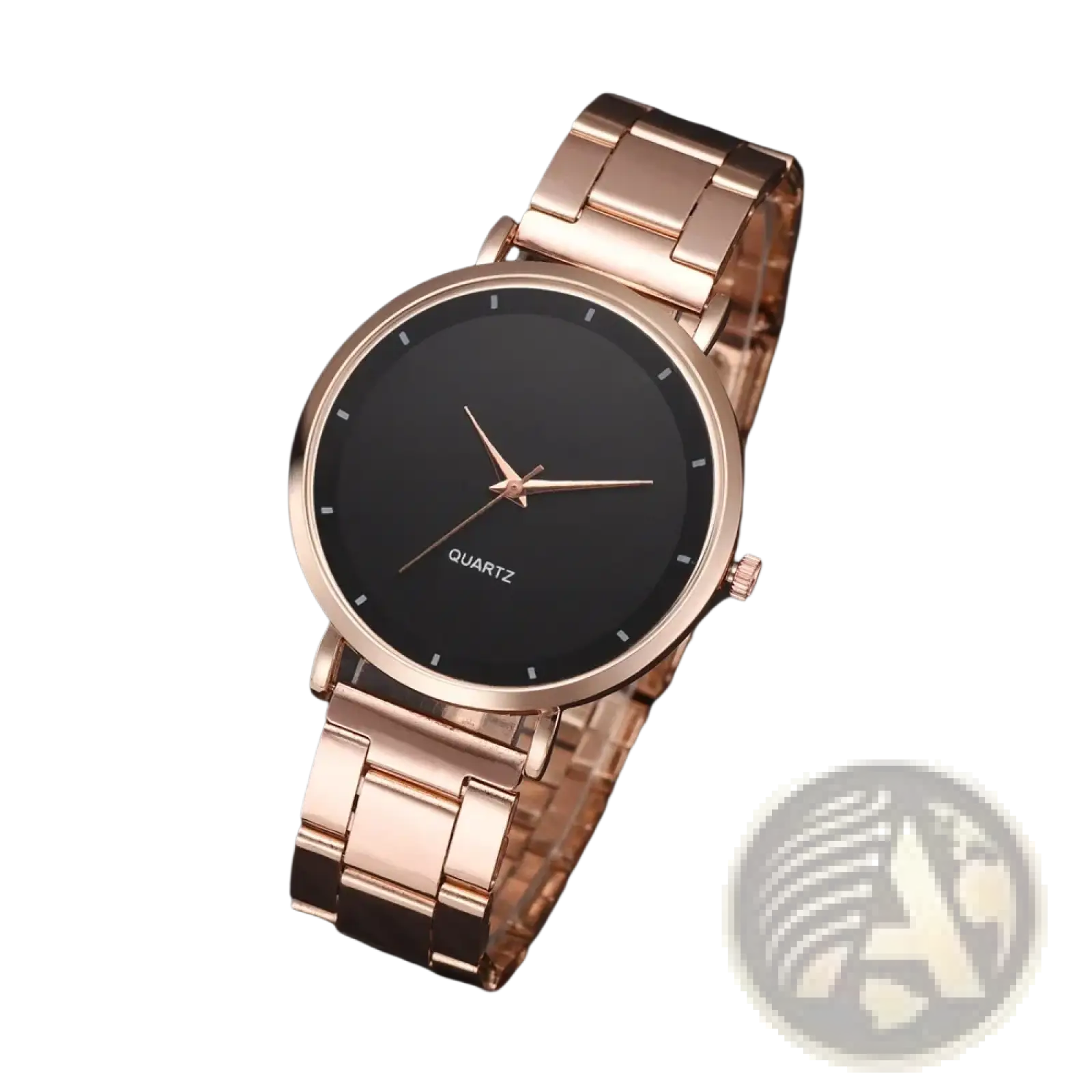 Rose gold women luxury quartz wristwatch with stainless steel case, sleek black dial, and minimalist white hour markers
