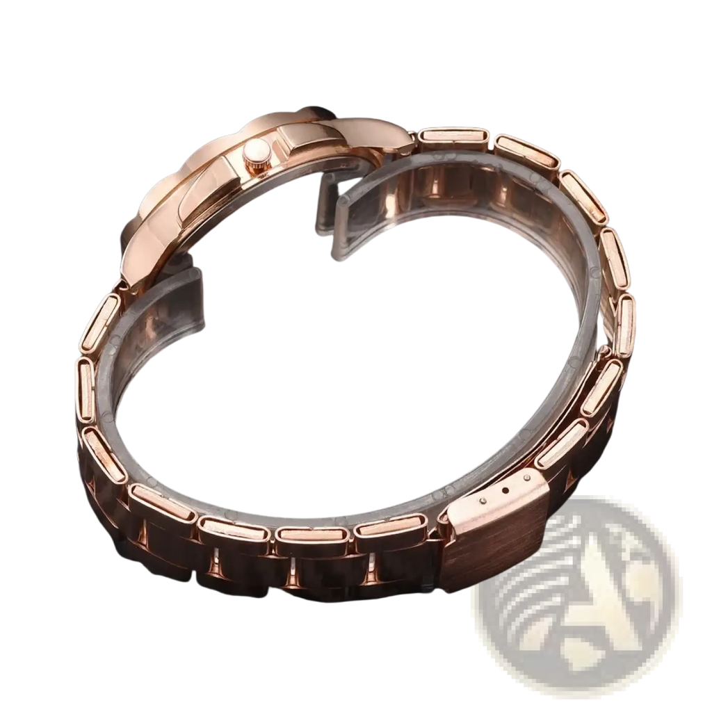 Rose gold women luxury quartz wristwatch with rose gold-toned stainless steel band and polished interlocking links